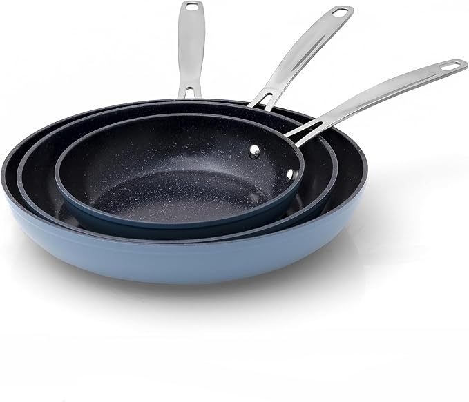 Nuwave 3-Piece Fry Pan Set 8” 10” 12” Forged Lightweight G10 Healthy Duralon Blue Ceramic Ultra Non-Stick Induction-Ready &amp Works on All Cooktops Ergonomic Stay-Cool Handles