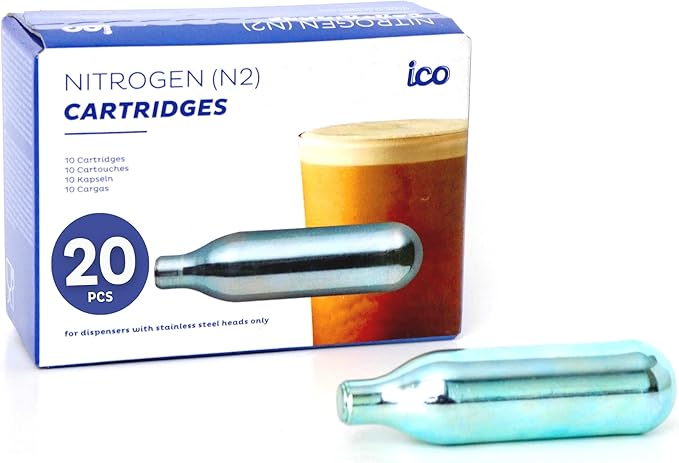 ICO 20pcs Nitrogen Cartridges N2 2g Non-Threaded Chargers and NITRO KAFO Nitro Coffee Maker &amp Cold Brew Maker 1 Pint/0.5L