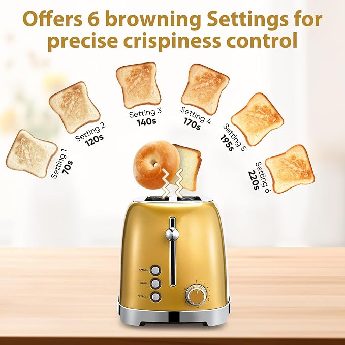 Gold 2 Slice Toaster Wide Slot Stainless Steel 6 Shade Settings Bagel Defrost &amp Cancel Functions Removable Crumb Tray Different Toast Sizes Cord Wrap 825w
