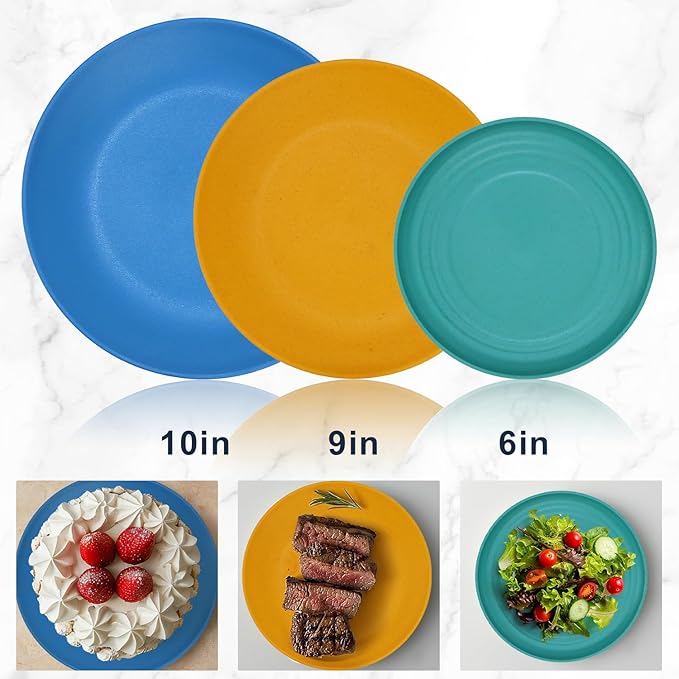 Wrova 40Pack plates and bowls sets for kids - Unbreakable wheat straw dinnerware sets service for 8 - Alternative plastic 40pcs dish sets for kitchen camping and indoors dinning - (Colorful)