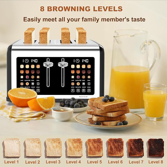 4 Slice Toaster Touch Screen Stainless Steel Toasters Digital Timer Dual Control Panel Toasters 8 Shade Settings 6 Bread Types for Bagel Cancel Defrost 1650W Black