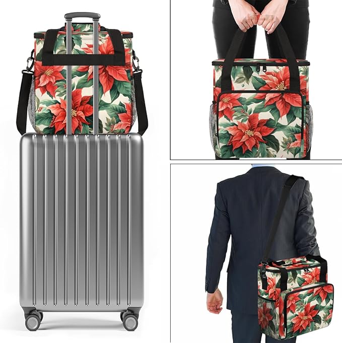 Christmas Flowers Coffee Maker Carrying Bag Retro Flowers Travel Storage Bag Compatible with K-Mini or K-Mini Plus Single Serve Coffee Brewer Carrying Case with Multiple Pockets &amp Shoulder Strap