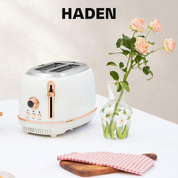 Haden Heritage 2-Slice Wide-Slot Toaster Stainless-Steel Bread Toaster with Adjustable Browning Control Crumb Tray &amp Non-Slip Feet Ivory &amp Copper