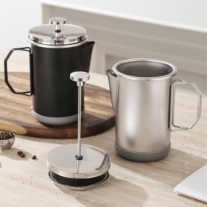 French Press Coffee Maker 304 Stainless Steel Hand Brewed Travel French Press for Camping 1000ml (Silver)