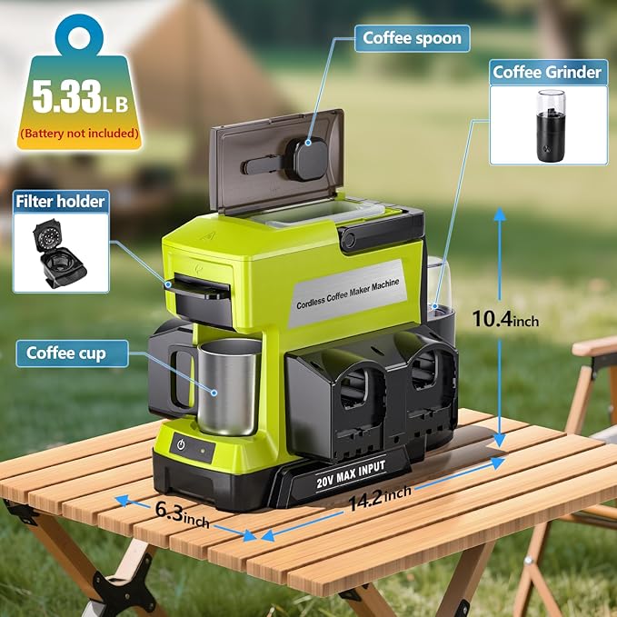 Taingwei Cordless Coffee Maker for Ryobi 18V Battery Portable Drip Coffee Maker with Electric Coffee Grinder for RV Camping Travel Car Hiking (Battery Not Included)