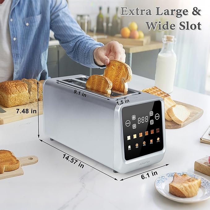 Long Slot Toaster 4 Slice Touch Screen LED Display 1.5” Extra Wide Slots for Thick Bread &amp Bagels Countdown Timer Memory Function Dual Independent Control 6 Shade Settings Stainless Steel