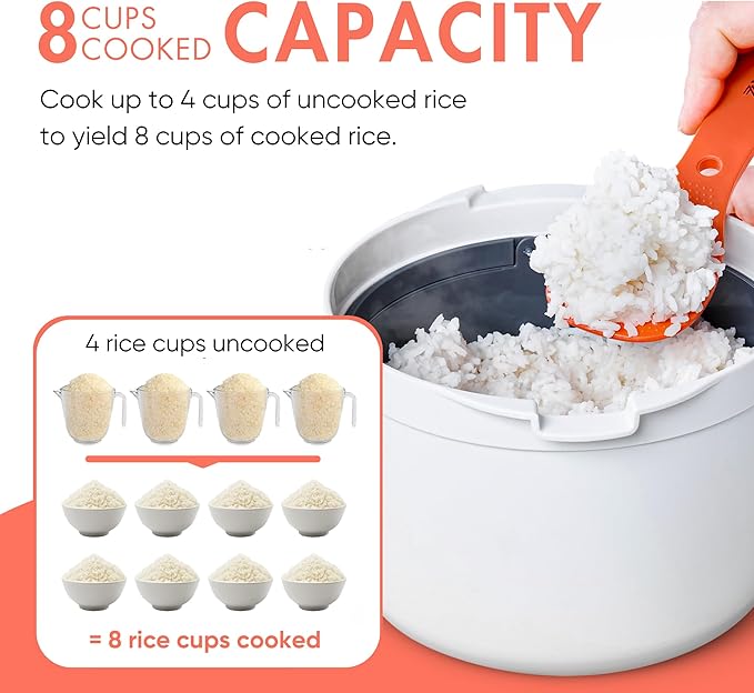 Microwave Rice Cooker Steamer and Pasta Cooker with Strainer - Mess-Free Design Dishwasher Safe Cooks Up to 8 Cups