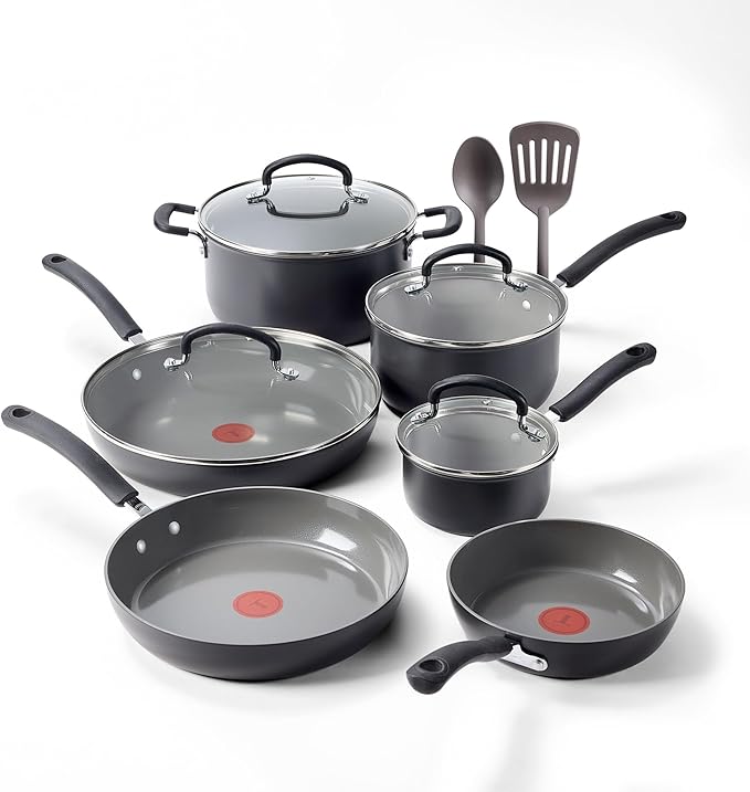 T-Fal Ultimate Hard Anodized 12-Piece Ceramic Nonstick Cookware Set Oven Safe Up to 400°F Ceramic Pots and Pans Set Frying Pans Saucepan Stockpot Cooking Utensils Grey