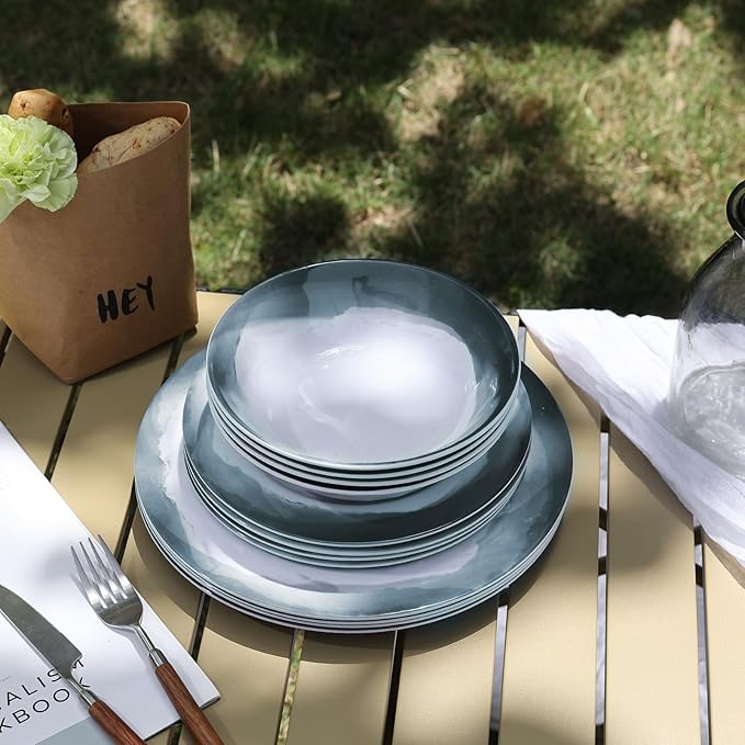 Melamine Dinnerware Sets-12 Pieces Outdoor Plates and Bowls Set for 4 Durable Dinner Plates for Camping Picnics Party Chip Resistant Dishes Grey Blue Dishwasher Safe
