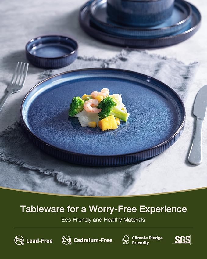 Famiware Star Dinnerware Set with Mugs Service for 6 (24 Pieces) Ribbed Stoneware Plates and Bowls Dishes Sets - Chip &amp Scratch Resistant Microwave &amp Dishwasher Safe Nebulas Blue