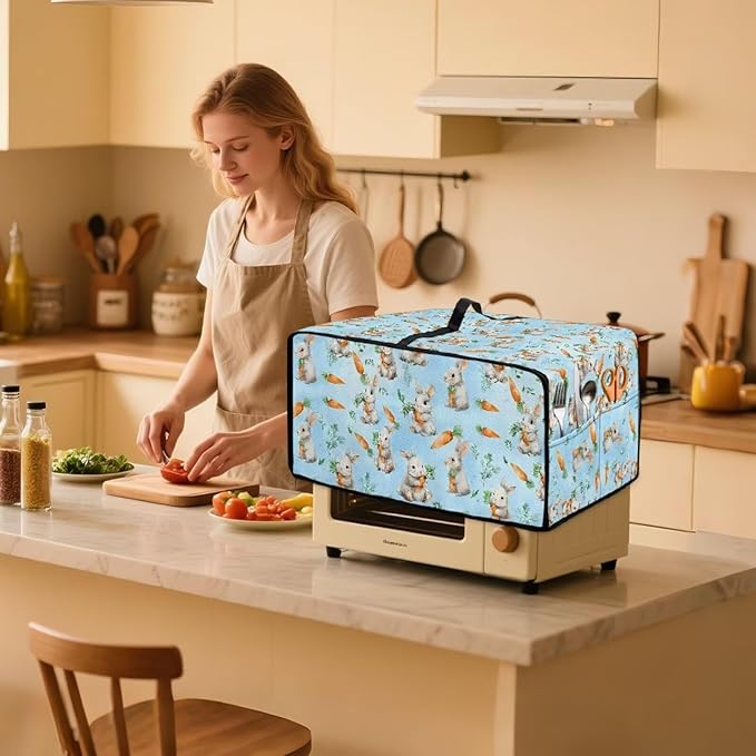 Air Fryer Toaster Smart Oven Dust Cover Bunny Carrot Printed Toaster Oven Cover with Side Pockets for Kitchen Counter Easter Decorative S