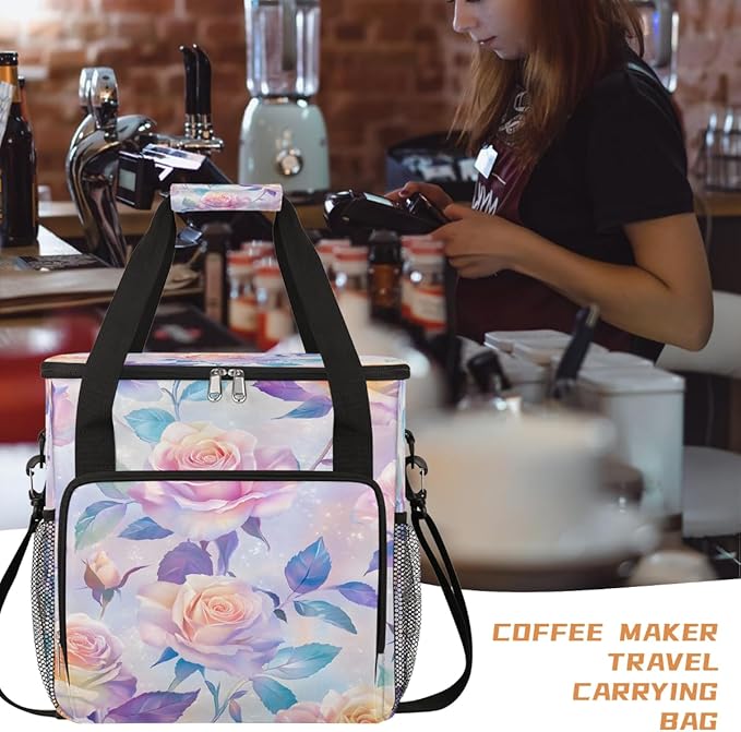Pink Roses Coffee Maker Carring Bag Travel Carrying Storage Tote Bag Compatible with Keurig K-Mini or K-Mini Plus Portable Single Serve Coffee Brewer Case with Pockets for K-cup Pods