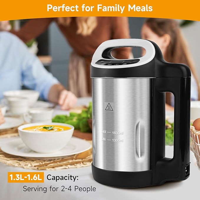 Homtone 1.6L Soup Maker Stainless Steel Soup Making Machine with Smooth &amp Chunky Settings Anti-Dry Burn Overfill Sensors Self-Cleaning Mode for Quick Soups Baby Food