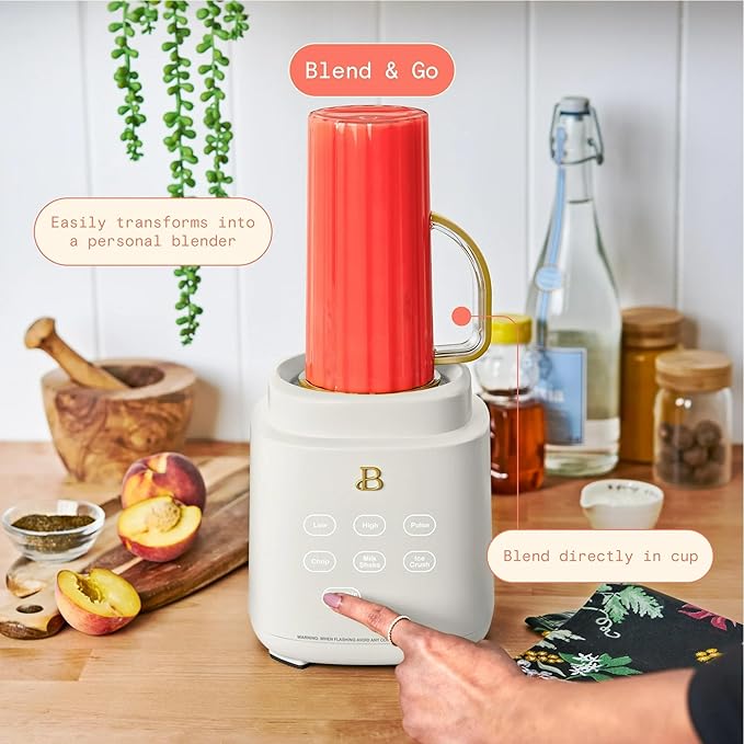 B PowerExact High-Performance 700-Watt Blender System by Drew Barrymore 50-Ounce Pitcher Stainless 4-Tip Blade 3 Speeds + 4 Presets Dishwasher-Safe Parts Travel Cup Included