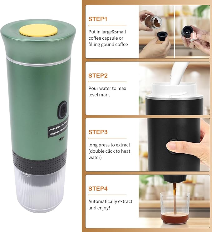 Dpofirs Portable Espresso maker Travel Electric Espresso Machine with USB C Compatible with Ground Coffee Capsule Car Self Heating Coffee Maker for RV Hiking Home (Green)