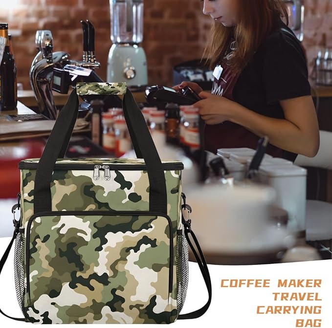 Green Camo Black Camouflage Coffee Maker Carring Bag Travel Carrying Storage Tote Bag Compatible with Keurig K-Mini or K-Mini Plus Portable Single Serve Coffee Brewer Case with Pockets for K-cup Pods