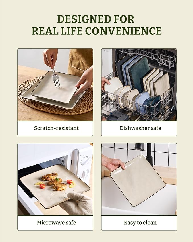Famiware Dinnerware Sets for 4 Ocean Square 12-Piece Kitchen Plates and Bowls Sets Microwave and Dishwasher Safe Scratch Resistant Light khaki