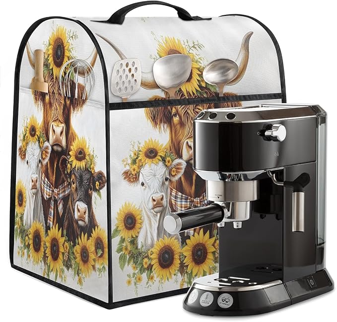 Kitchen Aid Mixer Cover Sunflower Cute Highland Cows Stand Mixer Cover Compatible with 6-8 Quarts Stand Mixers Dust Covers with Zipper Pocket Foldable Washable Kitchen Aid Organizer Bag