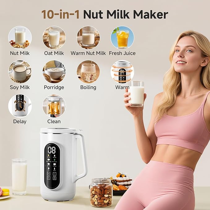40oz Nut Milk Maker Machine 10 in 1 Nut Milk Maker for Homemade Almond Milk Soy Milk Oatmeal and Non-Dairy Beverages Soy Milk Maker with 10 Blades Delay Start Keep Warm Auto-clean Boiling