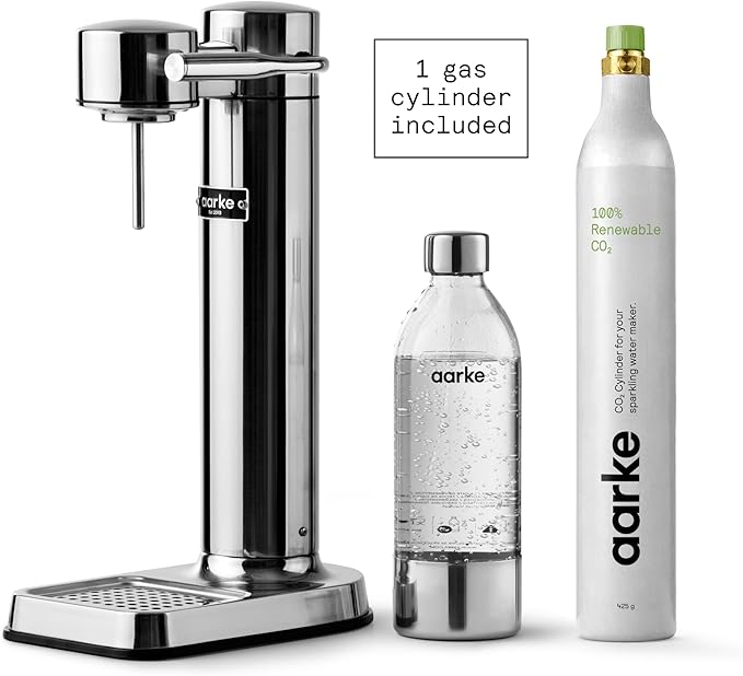Aarke Carbonator lll with CO2 Cylinder Sparkling &amp Carbonation Water Machine Stainless Steel with PET BPA-Free Reusable Bottle Volume 1L/34 fl oz (Stainless Steel)