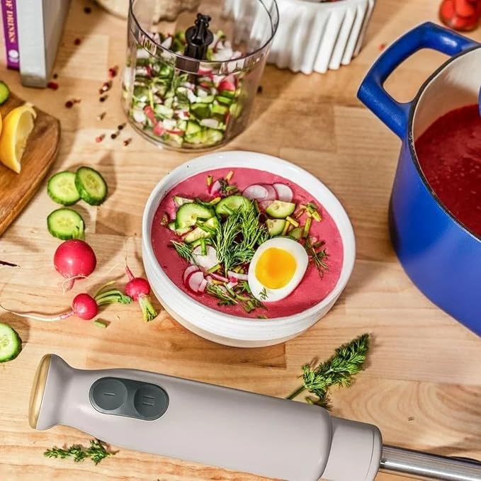 Cordless Hand Blender with 2-Cup Chopper Whisk &amp Large Measuring Cup Perfect for Cooking Smoothies Sauces Purees and Meal Prep (Porcini Taupe)