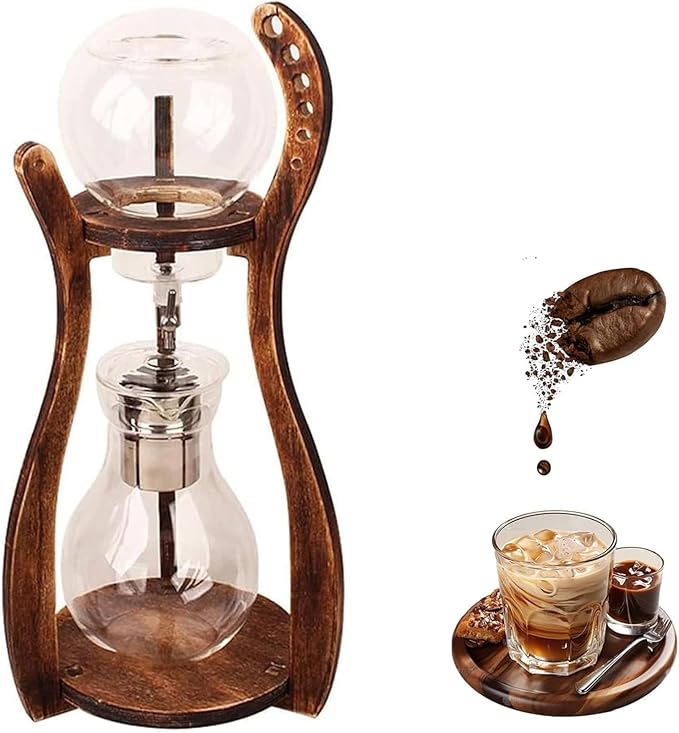 Wooden Support Drip Coffee Maker 800ML/27OZ Iced Coffee Brewer Maker with Stainless Steel Filter &amp Durable Glass Adjustable Water Flow Dripper 6-8 Cup Capacity Suit for Coffee Tea