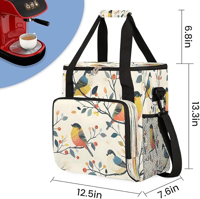 Retro Birds Coffee Maker Carrying Bag Compatible with K-Mini or K-Mini Plus Portable Single Cup Coffee Maker Case with Pockets for K Cup Pods