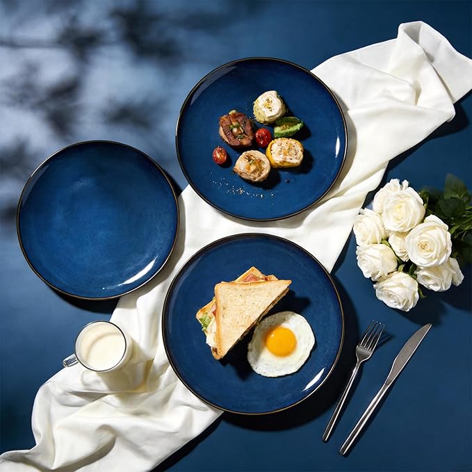Organic Shape Highland Ceramic Dinner Plates 12pcs 10.5 Inch Handmade Reactive Glaze Stoneware Plates with Wavy Edge for Kitchen Microwave &amp Dishwasher Safe Scratch Resistant-Blue