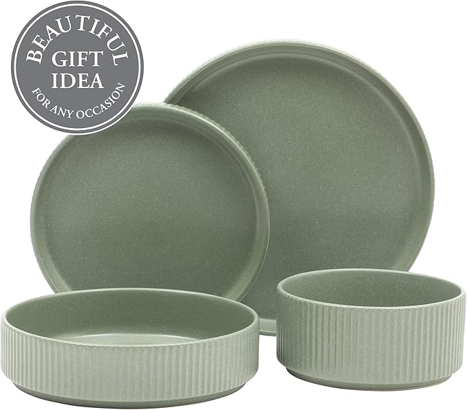 Gibson Elite Deerfield 16-Piece Stoneware Dinnerware Set – Matte Green Stackable Plates and Bowls Reactive Glaze Finish Service for 4 – Microwave &amp Dishwasher Safe