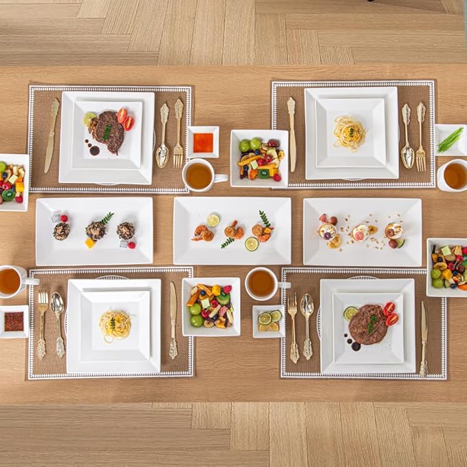 Porlien 16-Piece Classic Square Dinnerware Set for 4-Square Dinner Plates Dessert Plates Bowls &amp Dipping Saucers Off White Dishes for 4