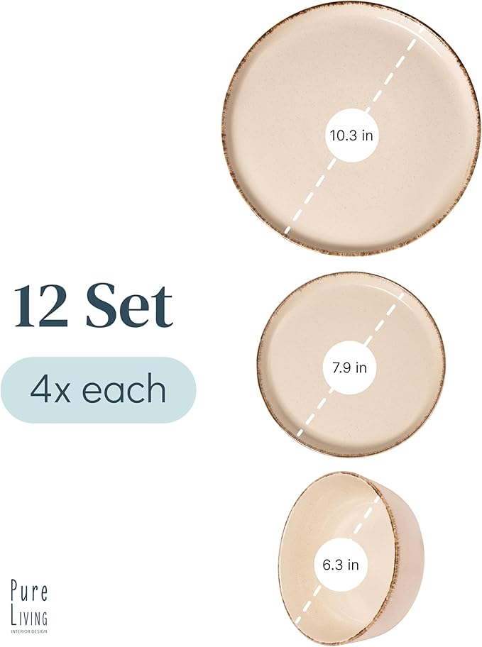 Stoneware dinnerware set 4 persons Rustic 12 pcs - Rustic design dinnerware set dishwasher safe - Bowl and plate set - Pure Living dinnerware in beige…