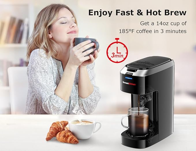 Bonsenkitchen Single Serve Coffee Maker K Cup Pod with 6-14oz Brew Size- 3 Min Fast Brewing Machine with Strength Control BPA-free Materials Fits 6.6 Travel Mugs Silver Upgrade