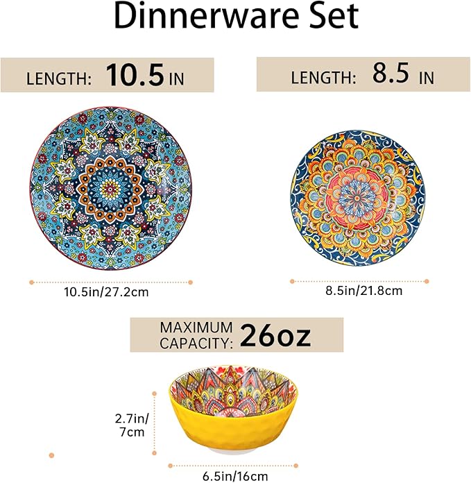 18 Pieces Dinnerware Sets Porcelain Dishes Set for 6 Microwave and Dishwasher Safe Scratch Resistant Bohemian Style Plates and Bowls Set Service for 6