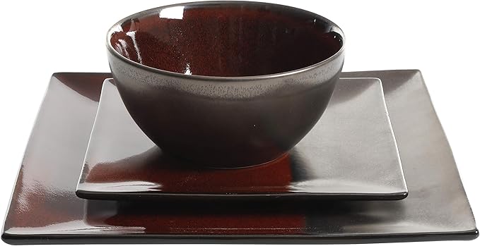 Gibson Elite Decadence 12 Piece Reactive Glaze Dinnerware Set Service for 4 Red with Reactive Metallic Color -