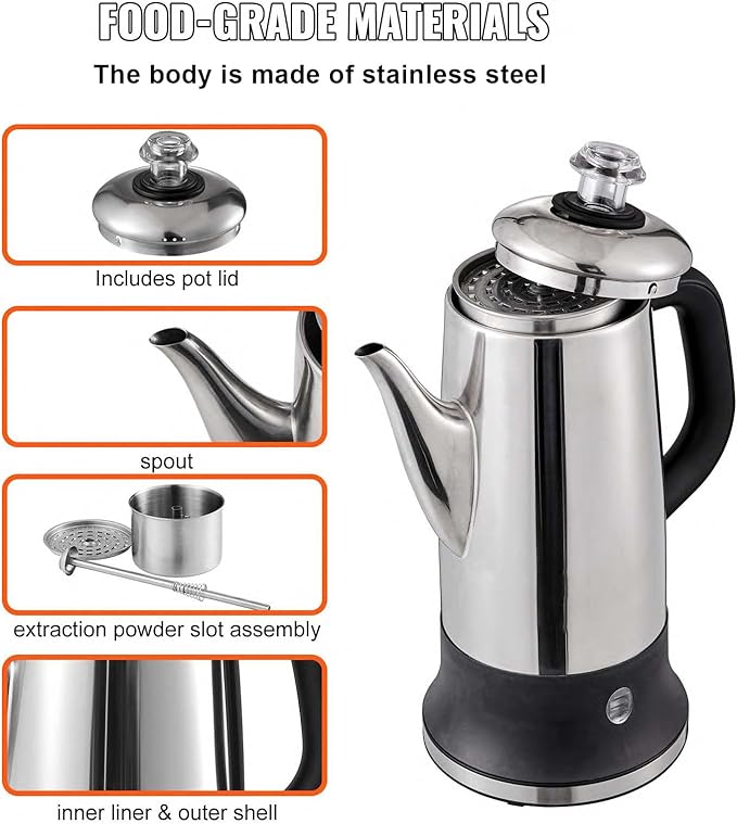 Happybuy 12-Cup Electric Coffee Percolator with Stainless Steel Construction Heat-Resistant Handle Keep Warm Feature Quick Brewing and Easy-Pour Spout Silver