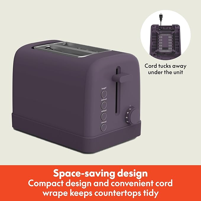bella 2 Slice Toaster 6 Setting Shade Control w Reheat Cancel Bagel &amp Defrost Buttons Removable Crumb Tray Anti Jam &amp Auto Shutoff Auto Centering Guides &amp Cord Wrap 900 Watt Plum