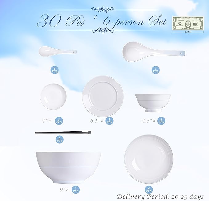 Fine Bone China Dinnerware SetPorcelain&ampCeramic Dinnerware SetsBone Stoneware &amp Ceramic Cookware Tableware Set Includes Dinner Plates|Spoons|Pasta Bowls|Soup Pot|Chopsticks (30PCS * 6-Person
