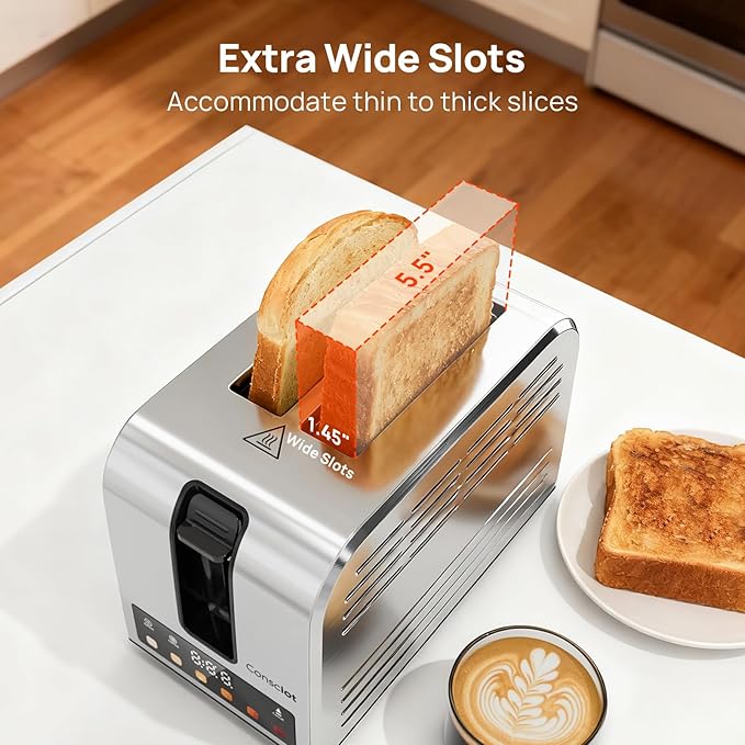 Toaster 2 Slice Consciot Smart Touch Screen Toasters with 6 Browning Levels Timer Reheat/Defrost/Cancel Extra-Wide Slots Removable Crumb Tray Auto Pop-up &amp Anti Jam Peak 925W Stainless Ste