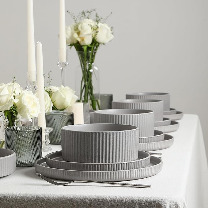 Stone Lain Haven Stoneware 24-Piece Dinnerware Set Grey - Plates and Bowls Sets for 8 Elegant Dish Set Includes Dinner Plates Salad Plates Cereal Bowls Microwave &amp Dishwasher Safe