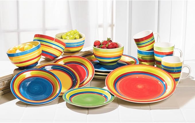 BrylaneHome 16 Piece Santa Fe Dinnerware Set (Service for 4) Includes Dinner &amp Salad or Dessert Plates Bowls Mugs Colorful Stripe Southwestern Fiesta Pattern - Multi Stripe