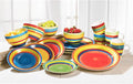 BrylaneHome 16 Piece Santa Fe Dinnerware Set (Service for 4) Includes Dinner &amp Salad or Dessert Plates Bowls Mugs Colorful Stripe Southwestern Fiesta Pattern - Multi Stripe