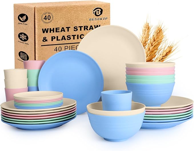 40 PCS Wheat Straw Dinnerware Sets | Service for 8 Unbreakable Plates and Bowls Sets - Dinner Plate Cereal Bowl Drinking Cups Dishwasher &amp Microwave Safe for Kitchen CampingRV - Colorful