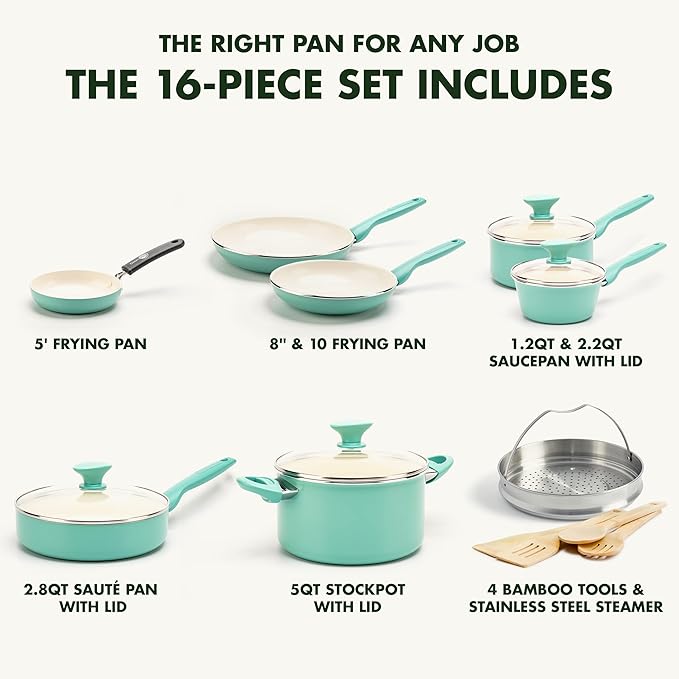 GreenPan Rio Healthy Ceramic Nonstick 16 Piece Cookware Pots and Pans Set PFAS-Free Dishwasher Safe Turquoise