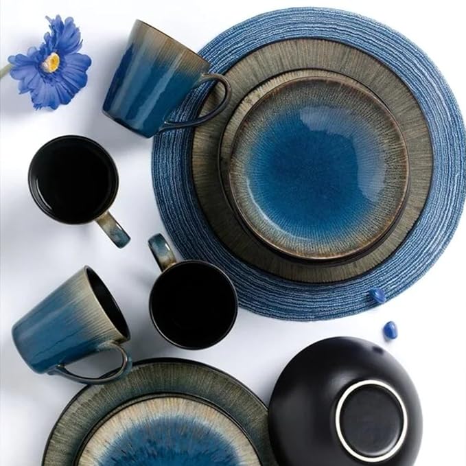 16-Piece Dinnerware Set Blue Gradient Pattern with Relief Design Service for 4 - Includes Dinner Plates Pasta Plates Salad Bowls and Mugs