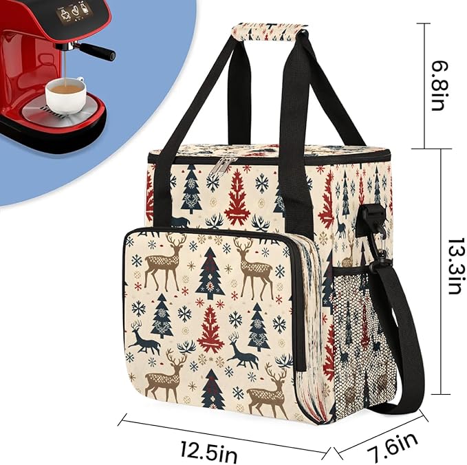 Christmas Deer Pine Coffee Maker Travel Bag for K-Mini or K-Mini Plus Single Serve Coffee Brewer Portable Storage Tote Case for Tarvel