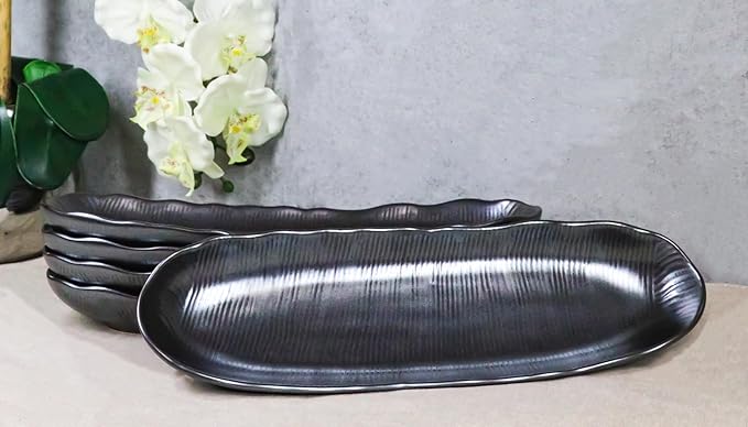 Ebros Gift Iron Black Clay Underglaze Technique Tetsu Kesho Porcelain Dinnerware Kitchen Set Asian Japanese Restaurant Supply (Pack Of 3 Wavy Oblong Long Serving Platter 13.25 L)