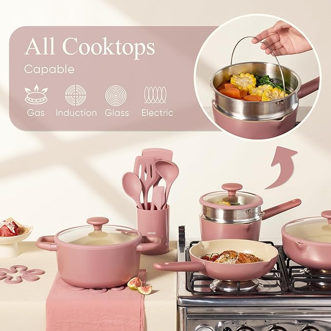 CAROTE 21pcs Cookware Set Nonstick Pots and Pans Set Ceramic Cookware Set Induction Cookware Non toxic Healthy Non Stick Kitchen Cooking Set PFAS PTFE Free