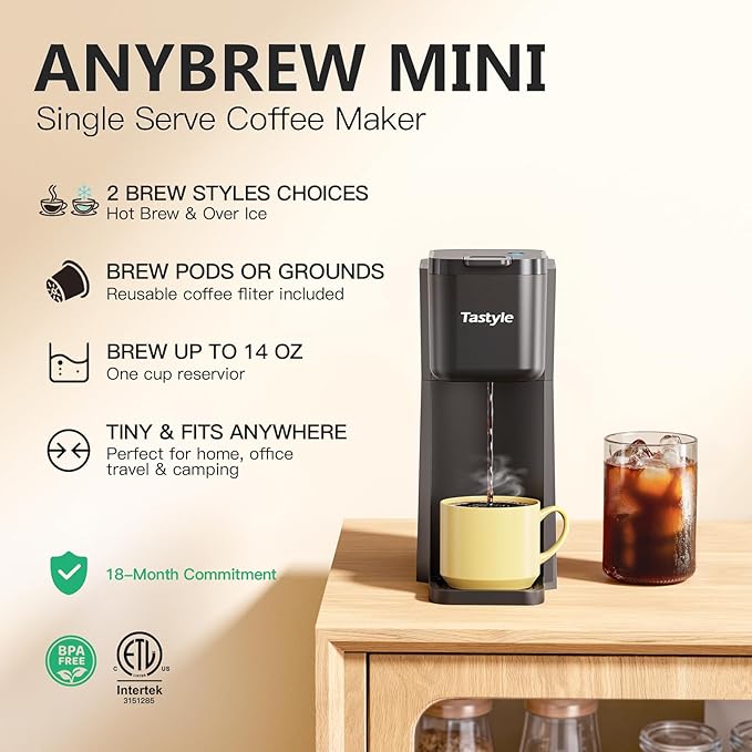 Mini Hot and Iced Coffee Maker Single Serve for K Cup and Ground 6 to 14 Oz Brew Sizes with Recipe Book for Home Travel RV Office and Dorm Classic Black (2.0 Version)