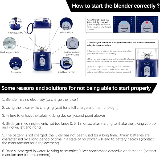 Portable Blender Vaeqozva USB Rechargeable Smoothie on the Go Blender Cup with Straws Protein Shakes Fruit Mini Mixer for Home Sport Office Camping - Navy Blue