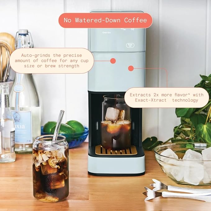 Perfect Grind Single Serve Coffee Maker built-in grinder 6 sizes 3 strengths pod-free reusable filter 64oz reservoir touch display hot &amp iced brew. (Hydrangea)